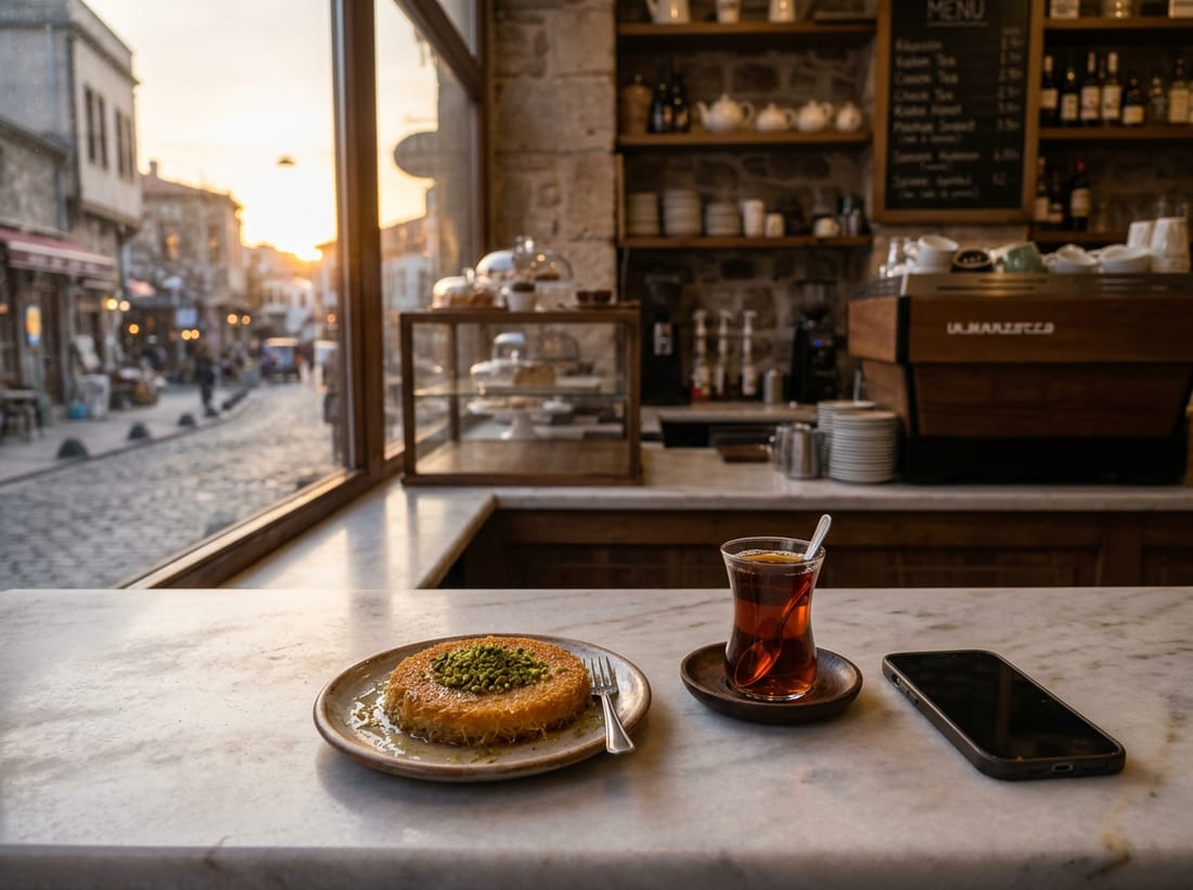 A café counter by a window at dusk with a plate of knafeh, a glass of tea and a phone